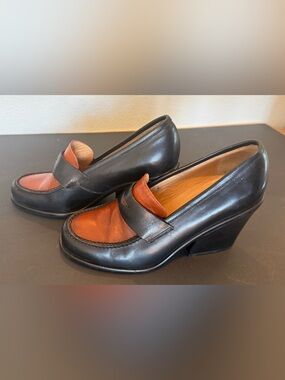 Norma Kamali Women’s Leather Loafer Black Brown Wedge Heels Size 6 Italy